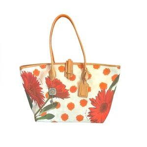 Dooney & Bourke White Canvas Tote with Orange Floral Print and Tan Leather
